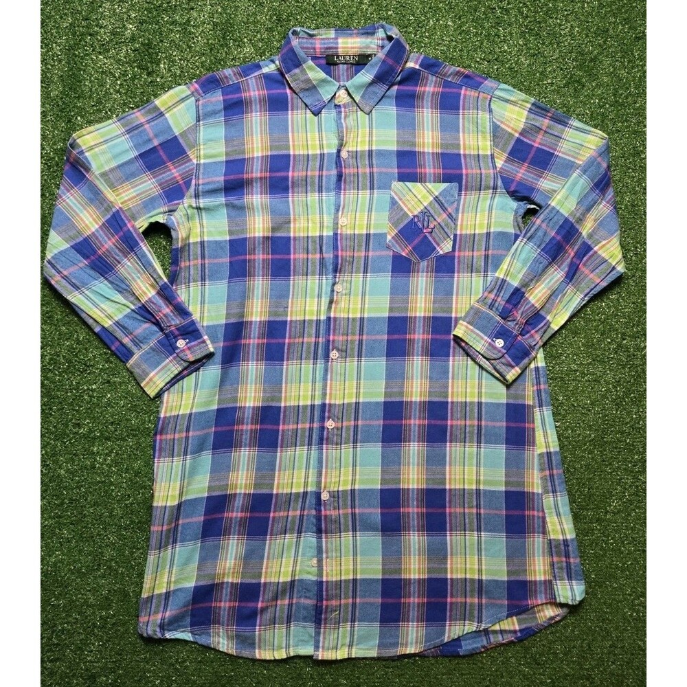 LRL Lauren Ralph Lauren Plaid Long Button-Up Shirt – Monogram Logo – Women’s